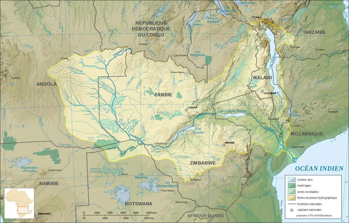 harta Zambia arată râuri și lacuri